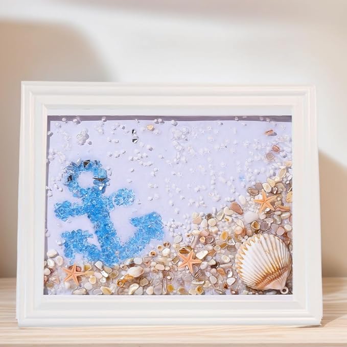 Sea Glass Art Kit, Mosaic Glass Photo Frame Set 9.5x7.5 Inch, Handcraft Style DIY Mosaic Craft Kits, DIY Resin Beach Art Kit for Home Decoration, Office, Bookshelf/Windowsill (Anchor)