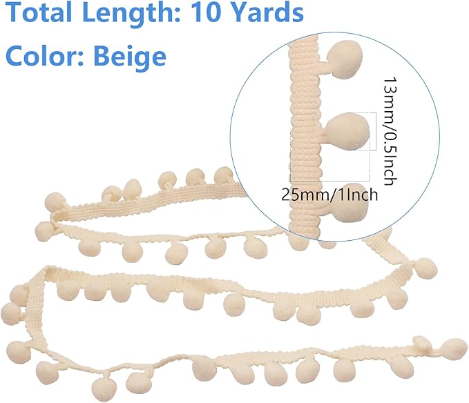 Homiest 10 Yards Pom Pom Trim for Sewing, 1 Inch Wide Beige Ribbon Bundles Textured Fabric Fringe Ribbon, 13mm Ball Pompom Trim for DIY Crafts Curtain Clothes Pillow Home Decoration
