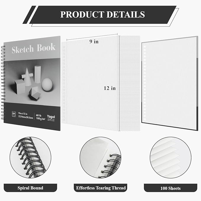 yagol sketch book 9x12 inch 100 sheets 68lb/100gsm, sketch pad with spiral-bound art paper for drawing and painting for pencils, charcoal, dry media