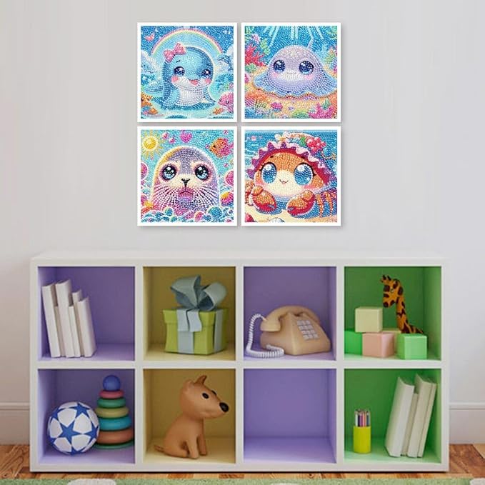 cdjlddww 4 Packs 5D Cartoon Diamond Art Kits for Adults, Cute Sea Animals Art Kit for Adults, DIY Full Round Drill Gem Art for Home Wall Decor Present 6X6 inch(Without Frame)