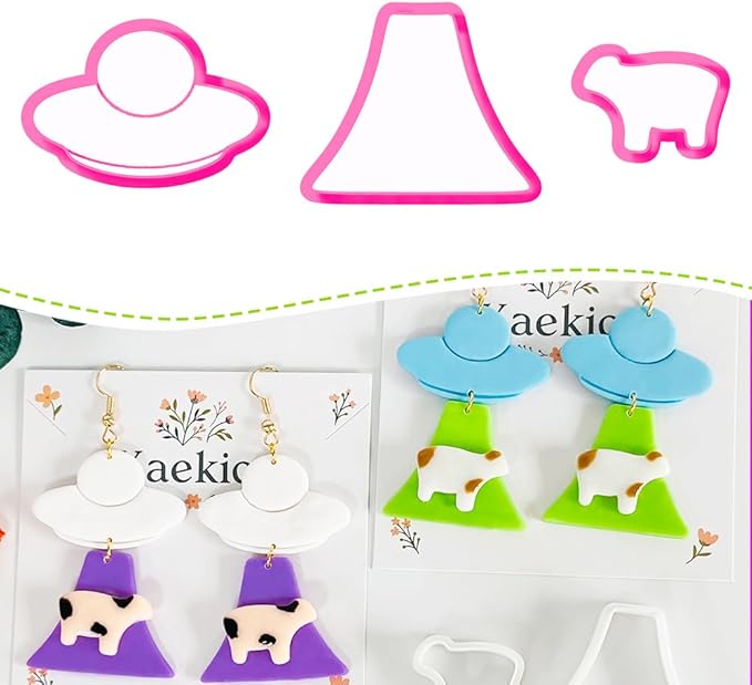 Xaekicr UFO Cow Polymer Clay Cutters Set - 3Pcs Alien Theme Clay Cutters for Earrings, Polymer Clay Molds, Halloween Clay Tools