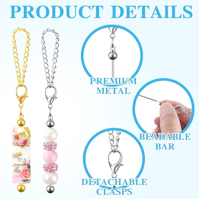 16PCS Beadable Keychain Bar Bulk, Metal Blank Beaded Keychain Bar for Beads DIY Crafts Charms Jewelry Making Supplies
