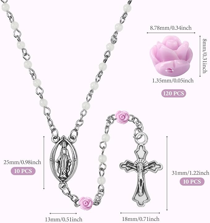 Sureio 140 Pcs Rosary Making Supplies Carved Rose Beads Flower Beads Kit Cross Centerpiece Crucifix Medal, Silver Jesus Maria Pendant for Bracelet Necklace(Purple)