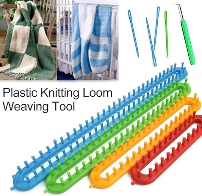 Knitting Loom Knitter Kit Plastic Yarn Cord Knitter with Hook Needle Hat Looms Long Knitting Loom DIY for Scarf Sweater Shawl Blankets(Blue)