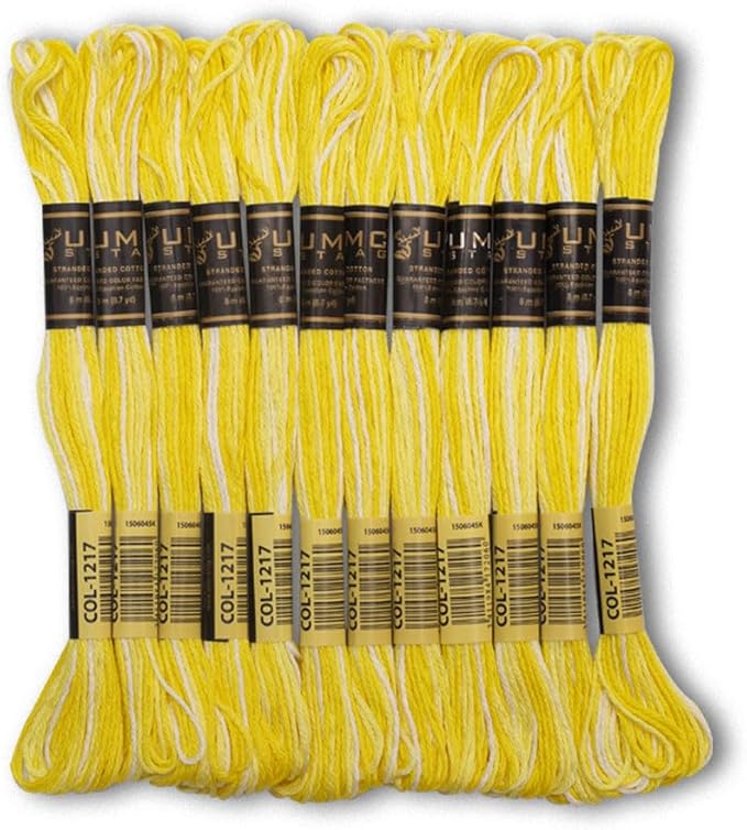 Pack of 12 Premium Embroidery Thread | 100% Egyptian Cotton Premium Skeins | Cross Stitch Embroidery Floss | Oeko TEX Certified | Ideal for Arts & Crafts (Yellow Variegated 1217)