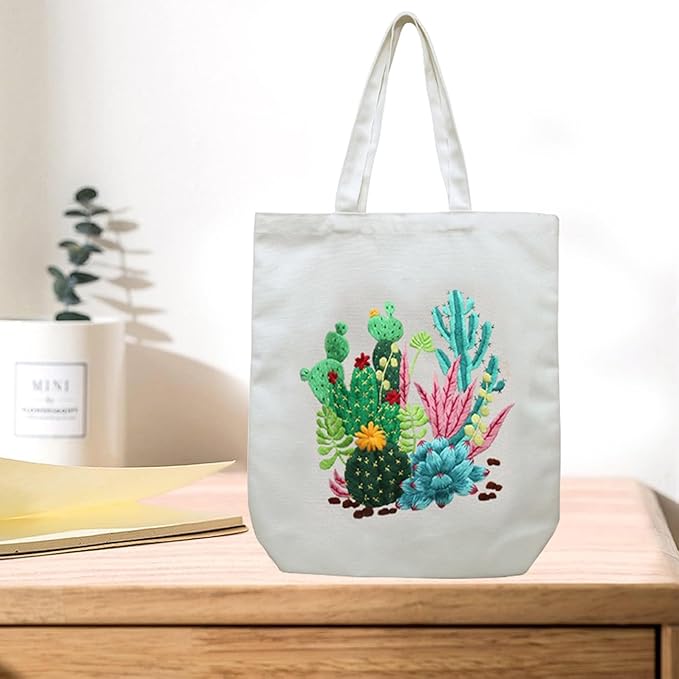 CREAWONDER Canvas Tote Bag Embroidery Kit with Pattern for Beginners, Arts and DIY Embroidery Crafts Kits for Adults, Include Instructions, Thimble, Embroidery Hoops, Color Threads and Tool