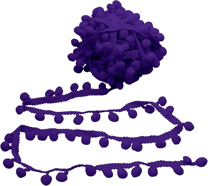 Homiest 10 Yards Pom Pom Trim for Sewing, 1 Inch Wide Purple Ribbon Bundles Textured Fabric Fringe Ribbon, 13mm Ball Pompom Trim for DIY Crafts Curtain Clothes Pillow Home Decoration
