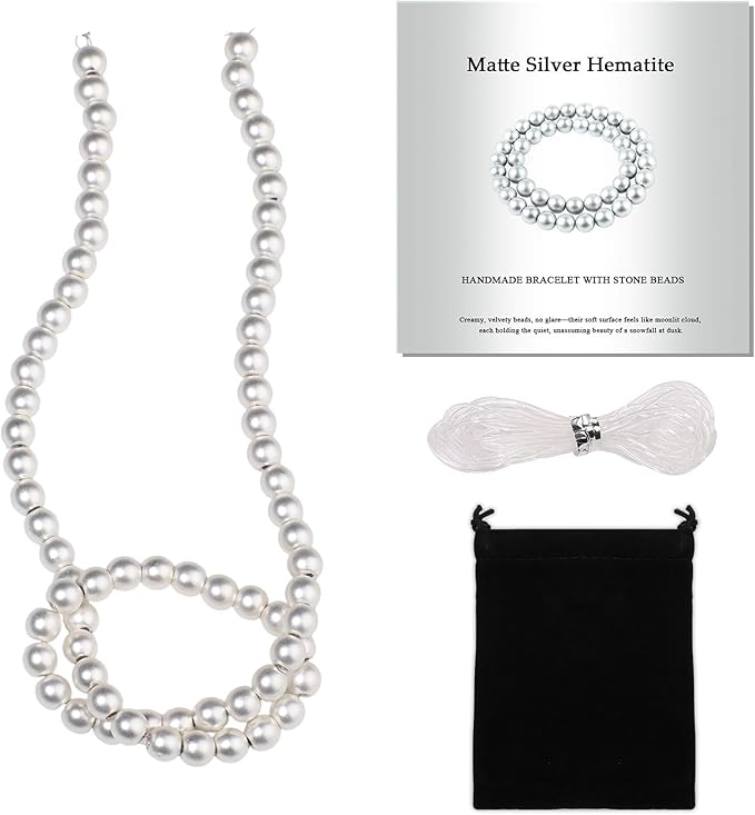 Stone Beads, 60pcs Matte Silver Hematite, 6mm Round Loose Beads for Jewelry Making, Bracelets, with Bag, String & Card