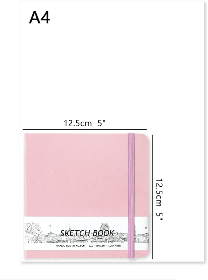 qianshan 5" x 5" Hardcover Sketch Book,Small Mixed Media Sketch Pad,58 Sheets 150GSM Acid-Free Artist Drawing Paper,Travel Journal Blank Notebook for Adults Painting,Illustration,Art Supplies.Pink