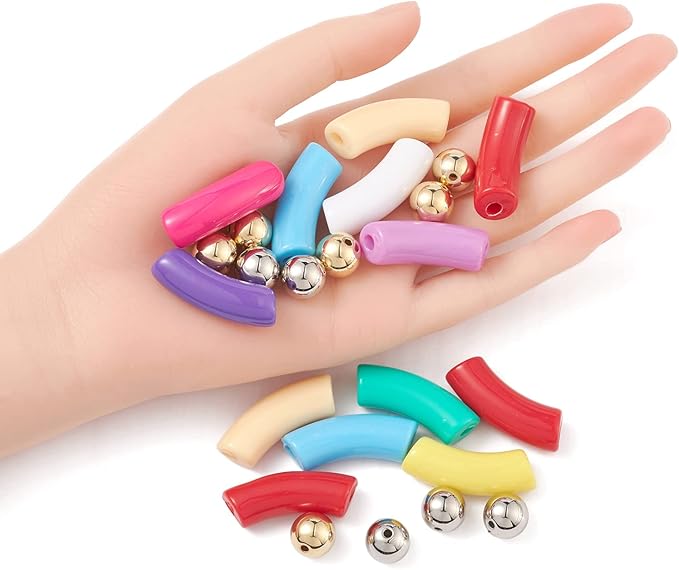 Crafans 48Pcs Acrylic Chunky Tube Beads with Round Plastic Spacer Beads, 12 Colors Opaque Curved Tube Beads for Bamboo Bangles Bracelet Jewelry Making