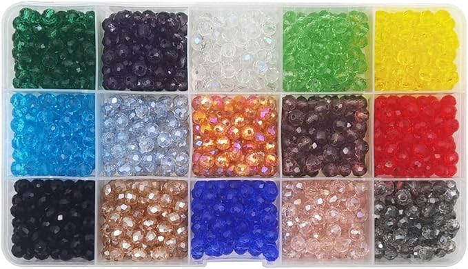 INSPIRELLE 1200pcs 6mm Multicolor Transparent Rondelle Glass Beads for Jewelry Making Faceted Briolette Shape Crytal Spacer Beads Assortments Supplies for Bracelet Necklace with Storage Box