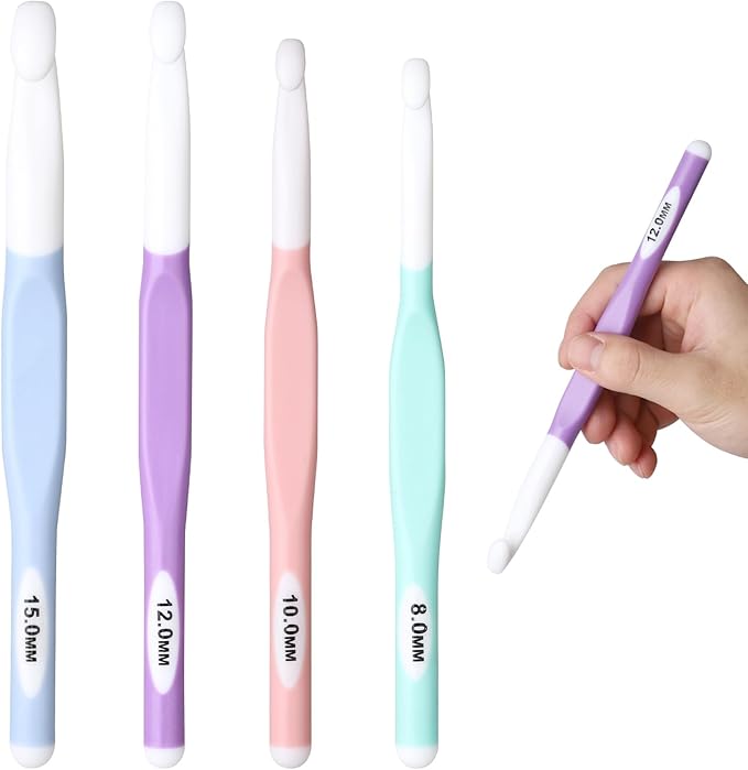 Froggod 4 Sizes Large Crochet Hooks Set, 8mm 10mm 12mm 15mm Crochet Hooks for Chunky Yarn, Long Ergonomic Crochet Needles with Rubber Handle