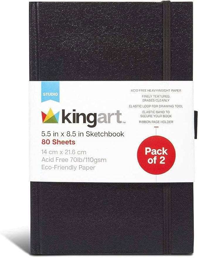 KINGART Black Hardcover 5.5" x 8.5" Sketchbook JOURNALS, 2-Pack, Perfect Bound, 70 Pound (110 GSM), 160 Pages / 80 Sheets Each