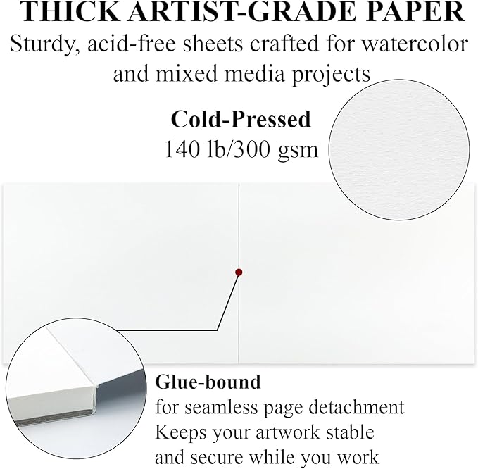 Ogfu Water Color Paper Pad 9 x 12, Cold-Pressed Watercolor Paper 300gsm/140lb Watercolor Pad for Painting for Beginners, Artists, Adults and Students, Watercolor Supplies for Adults, White.