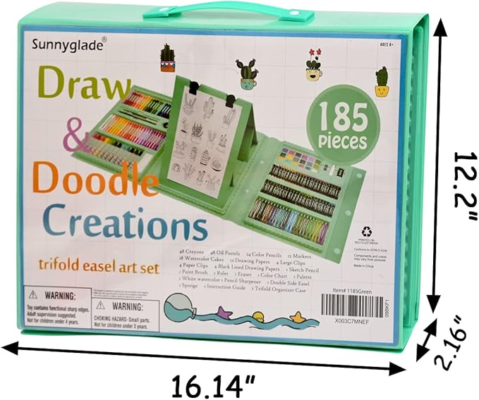 Sunnyglade 185 Pieces Double Sided Trifold Easel Art Set, Drawing Art Box with Oil Pastels, Crayons, Colored Pencils, Markers, Paint Brush, Watercolor Cakes, Sketch Pad (Green)