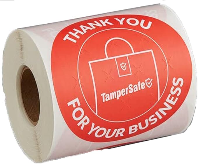 angel's peel lounge thank you tamper proof stickers roll — tamper evident stickers for bags, drink lids, food containers, writable adhesive seal tape, thank you labels - 3x3in 250-counts, red, round