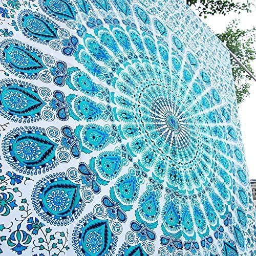 bless international handmade indian hippie bohemian psychedelic peacock mandala wall hanging college dorm beach throws table cloth bedding tapestry (peacock sky blue, king(88x104inches)(225x265cms))