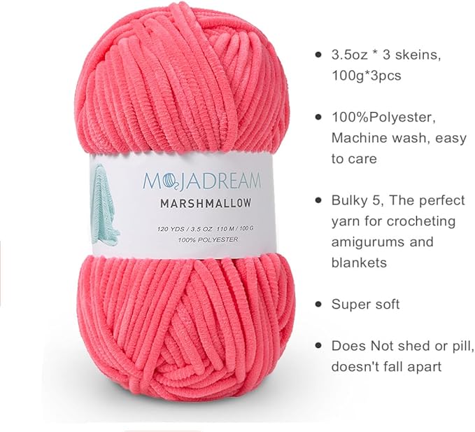 Marshmallow Yarn 3PCS 3.5oz Soft Chenille Yarn for Amigurumi Baby Blanket Yarn: No Shedding Soft Easy to Knitting and Crocheting Bulky 5# Yarn 3 Skeins of 100g (Rose)