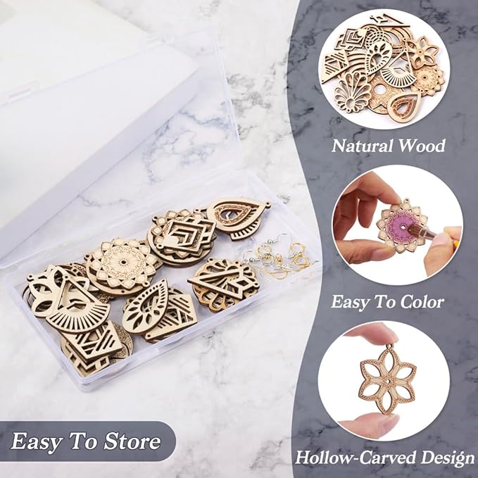 26pcs Wooden Earring Charms Unfinished Natural Wood Filigree Pendants in Teardrop & Kite & Flower & Rhombus & Triangle Shape with Earring Hooks & Jump Rings for Boho Earring DIY Jewelry Making