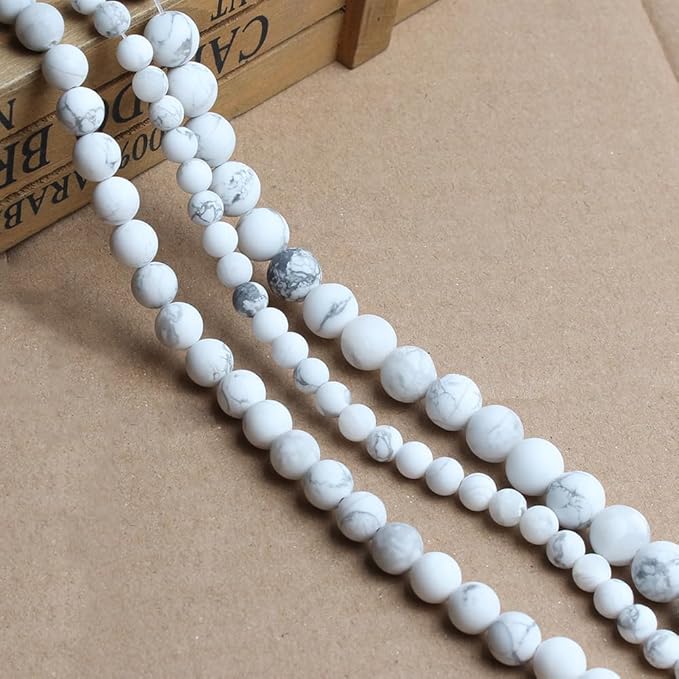 Stone Beads, 60pcs Matte White Howlite, 6mm Round Loose Beads for Jewelry Making, Bracelets, with Bag, String & Card