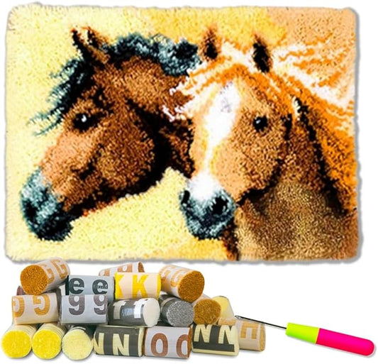 DL-YTG Latch Hook Kits Rug Couple Horse Crochet Yarn Cushion Colour Pre-Printed Canvas Cover Rug Needlework DIY Hook and Latch Kit Christmas Home Decoration 52x38cm/20 X15inch