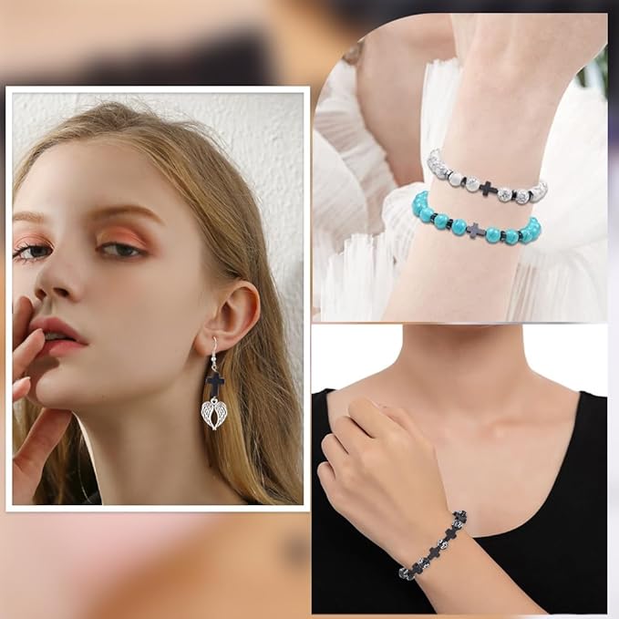 SUNNYCLUE 1 Box 200Pcs Cross Beads Small Black Synthetic Turquoise Stone Easter Holiday Mini Tiny Cross Charms Crucifix Charm Pocket Crucifix in Bulk Loose Spacer Beads for Jewelry Making Kits
