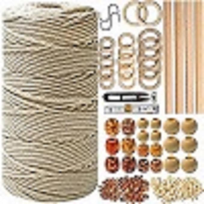 Macrame Kit for Beginners 227pcs – Macrame Wall Hanging Kit & Plant Hanger Kit, 225Y 3mm Cotton Cord, Wooden Beads Dowels Rings, DIY Craft Kit for Adults, Macrame Starter Kit Supplies