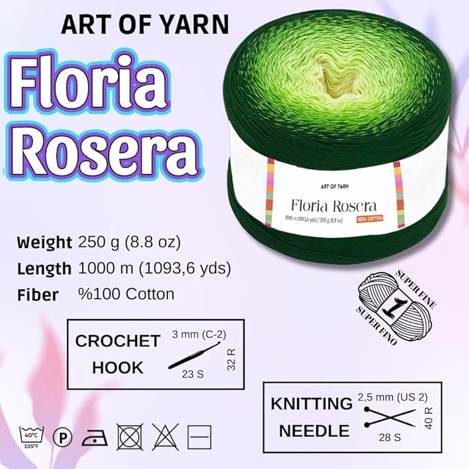 Floria Rosera Ombre 100% Cotton 250g (8.80oz) 1094 Yards Fine 1 Vibrant Multicolor Rainbow for Crochet Knitting Amigurumi Crafts Ideal for Spring Summer Projects Thick Soft