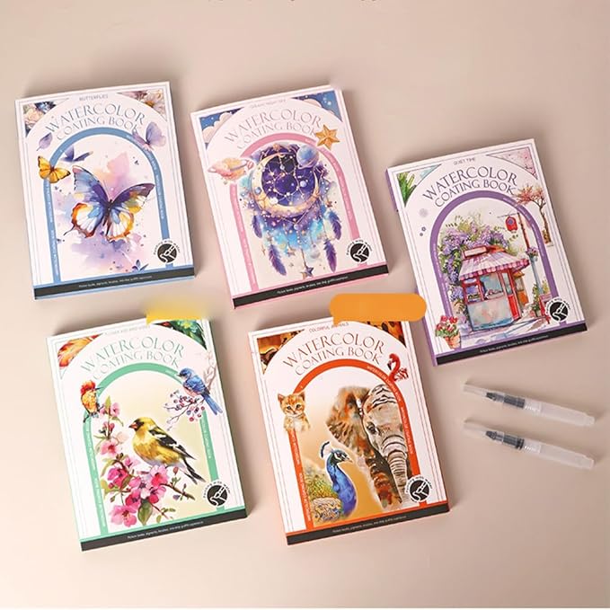 RGBMIX Watercolor Coloring Book for Adults Stress Relief Foldable Painting Pad with 24-Color Paint (Quiet Time)