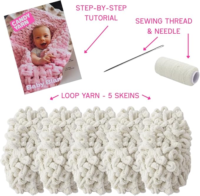 Beginner Craft Kit – Easy Loop Yarn Baby Blanket Kit for Adults & Kids, DIY Arm Knitting Kit with Soft Chenille Yarn, Perfect Handmade Gift (Milky)