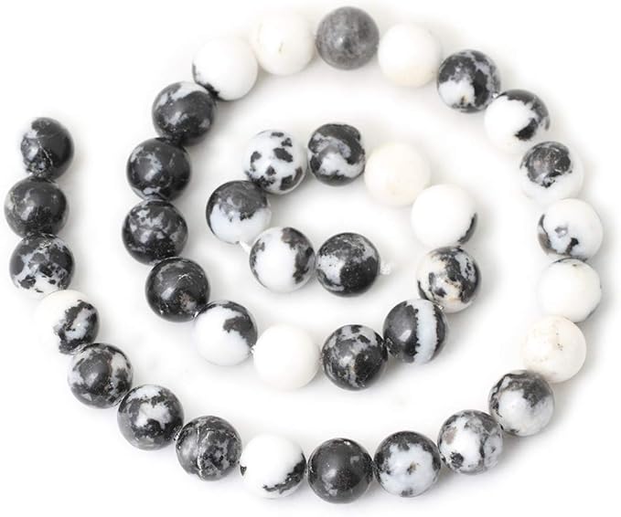 cheavian 35pcs 10mm natural black white zebra jasper gemstone round loose beads crystal energy stone for diy jewelry making 1 strand 15"