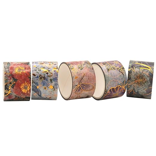 YUBBAEX Blooming Washi Tape Set Gold Foil Masking Tape Peony Wide Decorative for Arts, DIY Crafts, Journal Supplies, Planners, Scrapbook, Card/Gift Wrapping -25mm- (Purple Flowers)