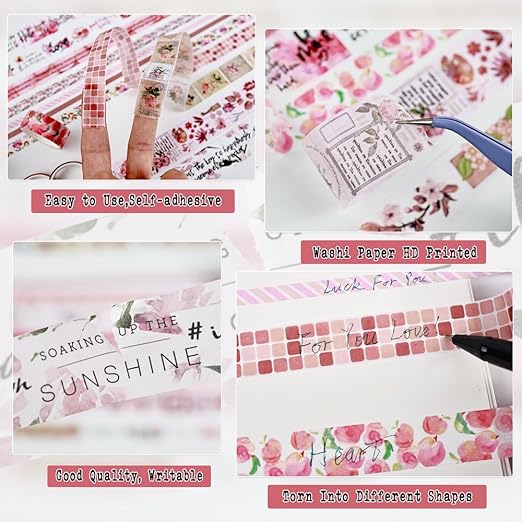 Washi Tape Set, 20 Rolls, Floral Washi Tape for Journaling, Decorative Tape for Scrapbooking, Junk Journal Supplies, Bullet Journaling, 5 Assorted Widths