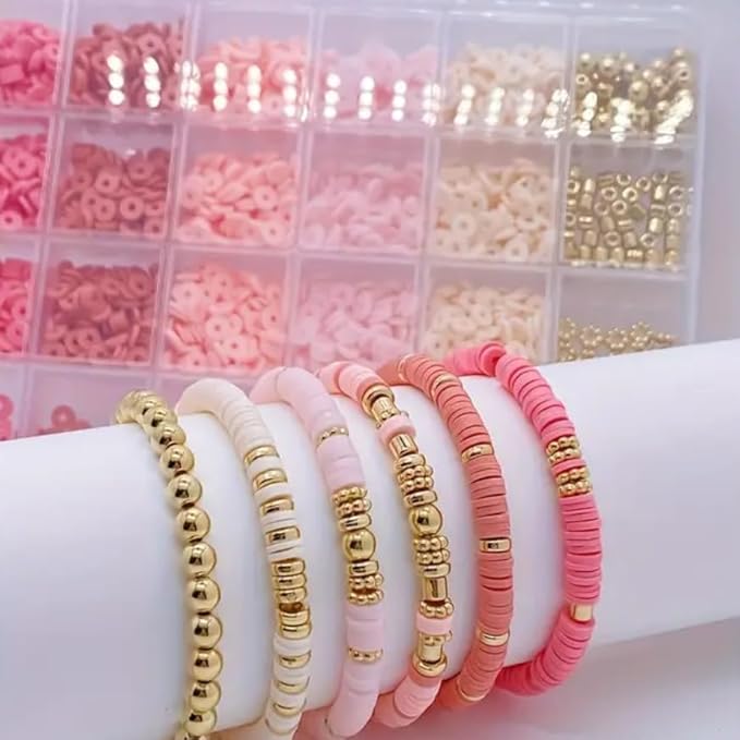 Believo Polymer Clay Beads Kit for DIY Jewelry with Elastic Cord, Colorful Flat Heishi Beads and Spacer Pieces – Ideal for Friendship Bracelet & Necklace Making (Pink)