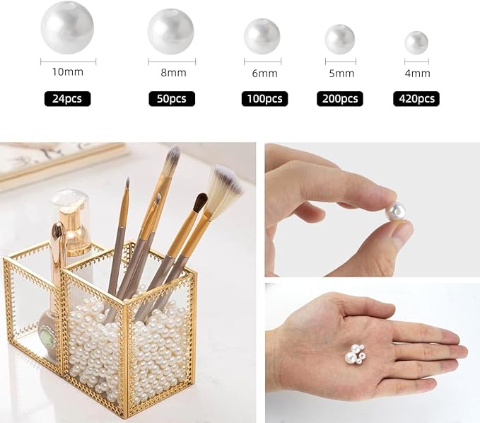 800 Pcs White Pearl Beads for Jewelry Making Pearls Bracelet Kit Loose Spacer Bead for Bracelets Necklace Crafts DIY 4mm 5mm 6mm 8mm 10mm Round Craft Bead with Hole Vase Decoration Supplies (White)