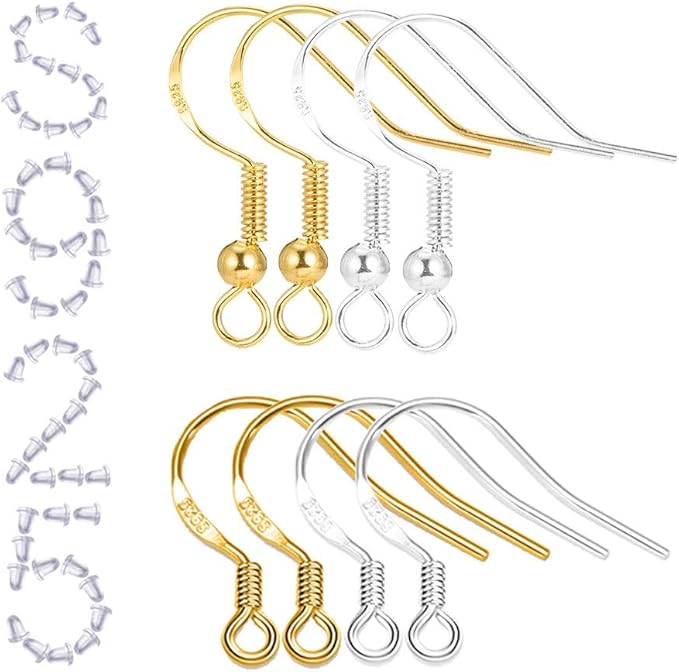 s925 sterling silver earring hooks - 8pcs/4 pairs hypoallergenic 18k gold plated ear wires fish hooks for jewelry making, jewelry findings parts with rubber earring backs stopper for diy jewelry