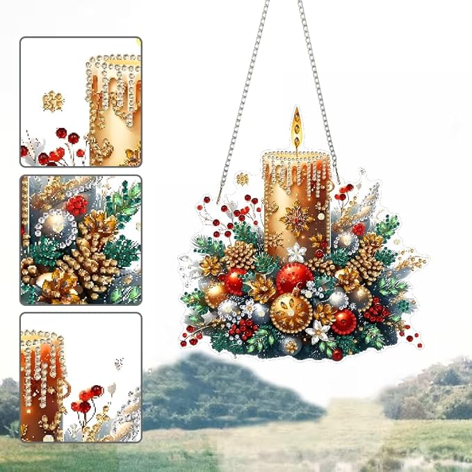 STGLCR Candle Christmas Diamond Art Hanging Kits for Adults, Christmas Candles Diamond Art Suncatchers, 5D Special Shape Diamond Painting Pendant Window Ornament Gifts for Home Door Wall Decor