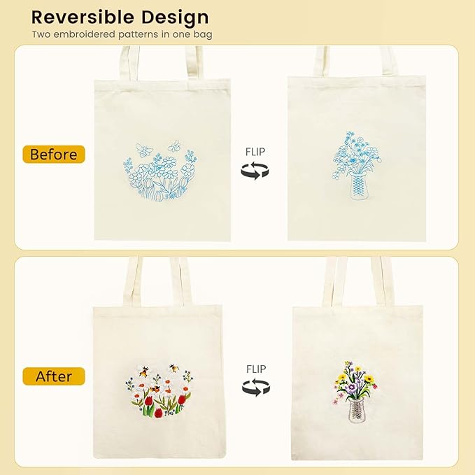 SNAIL GARDEN Double-Sided Embroidery Tote Bag Kit for Beginners, Reversible Floral and Bee & Vase Design, Complete Cross Stitch Supplies Included for Adults & Women