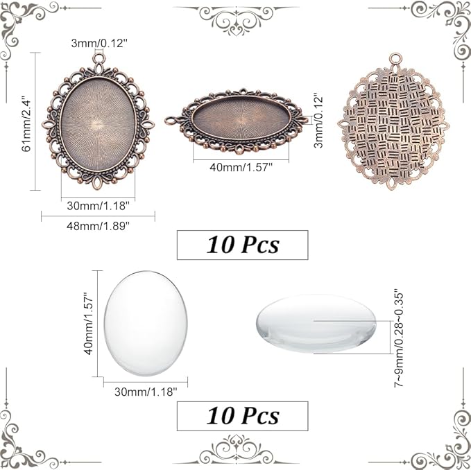 PH PandaHall 20pcs Pendant Trays Kit, 10pcs Oval Blank Bezel Pendant Settings, 10pcs 40x30mm Glass Cabochon Dome Tiles for Bridal Wedding Photo Charm Bouquet Graduation Making DIY