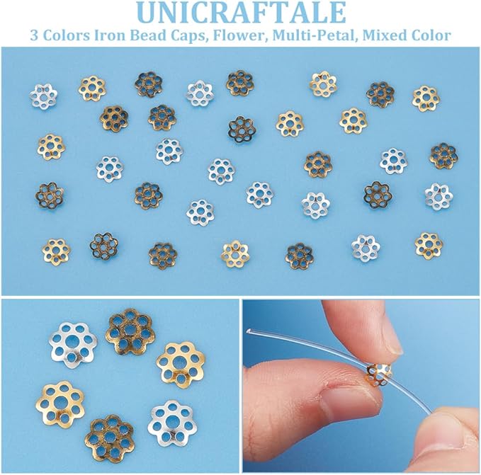 UNICRAFTALE About 2100Pcs 3 Colors Bead Caps Filigree Bead End Caps Metal Flower End Caps Hollow Multi-Petal Beads Cap for Bracelet Jewelry Making Supplies
