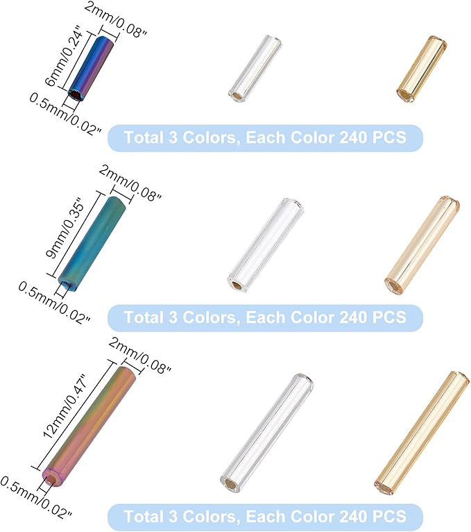 PH PandaHall 2160pcs Glass Bugle Beads, 3 Sizes 3 Colors Czech Beads for Bracelet Necklace Jewelry Making Embroidery DIY Crafts, 6/9/12mm