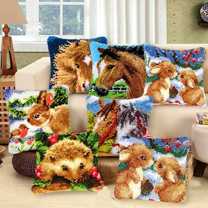 White Blue Baseball Latch Hook Pillow Kits Printed Embroidery Pillowcase DIY Crochet Yarn Hooking Craft Rug Cushion for Home Christmas Decor and Handmade Gift 43x43cm