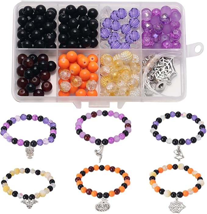 SUNNYCLUE 1 Box 6Pcs Halloween Bracelet Making Kit Tibetan Style Spider Charms Witch Hat Charm Pumpkin Skull Charms Black Purple Orange Round Glass Beads for Jewelry Making Kits Beading Supplies