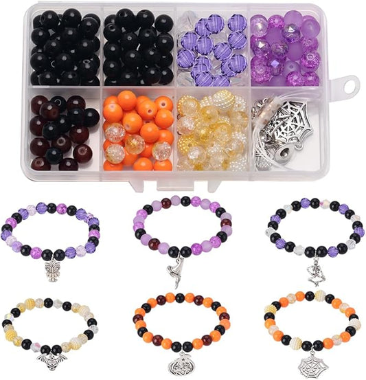 SUNNYCLUE 1 Box 6Pcs Halloween Bracelet Making Kit Tibetan Style Spider Charms Witch Hat Charm Pumpkin Skull Charms Black Purple Orange Round Glass Beads for Jewelry Making Kits Beading Supplies