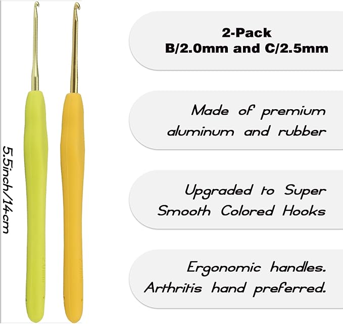 YOJOB 2Pack Size B / 2mm, C / 2.5mm Crochet Hooks, Super Smooth & Ergonomic for Beginner and Advanced (2.0mm, 2.5mm)