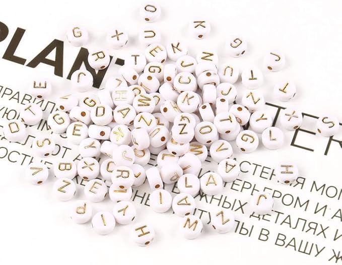 Acrylic Letter Beads Alphabet Gold Letters White Round Bead, 4×7mm 1200pcs, for Friendship Bracelet Jewelry Making Kit