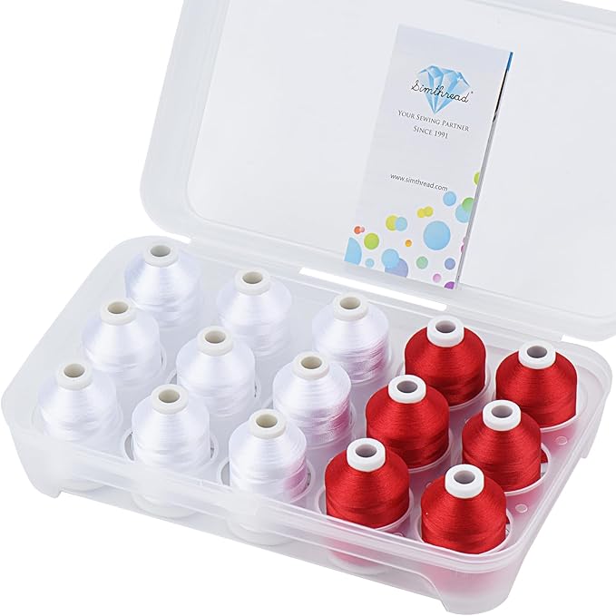 Simthread Machine Embroidery Thread 1000M White 001 + Red 800, with Storage Box Polyester 15 Spools Set for Embroidery Quilting Machine