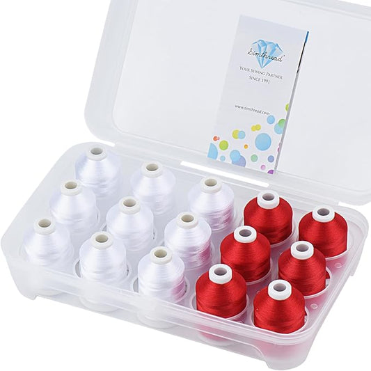 Simthread Machine Embroidery Thread 1000M White 001 + Red 800, with Storage Box Polyester 15 Spools Set for Embroidery Quilting Machine