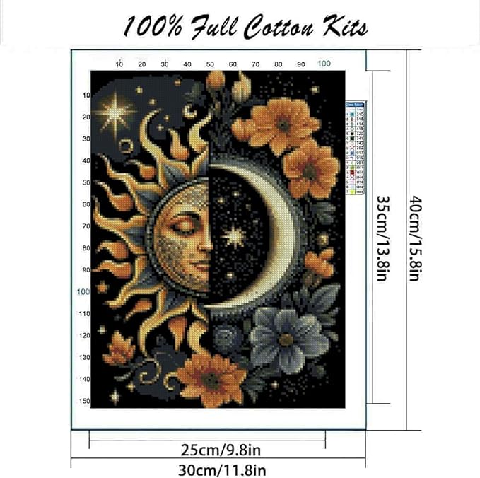 mybisymqq stamping cross stitch kit sun and moon, round counting cross stitch kit for adult beginners, full line diy cross stitch stitching kit for home decor cross stitch patterns 11.8x15.7inches
