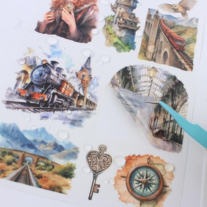 The Secrets of Wizards Sticker Book for Journaling Collage, 20 Sheets Precut Transparent PET Washi Matte Paper Materials Stickers for Scrapbooking, Junk Journal Supplies, Planner